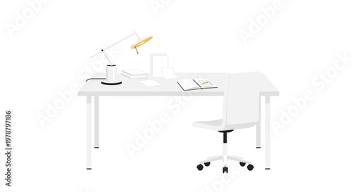 A pristine and minimalist white office desk setup features a modern white swivel chair and a stylish desk lamp casting a warm yellow light glow on books.