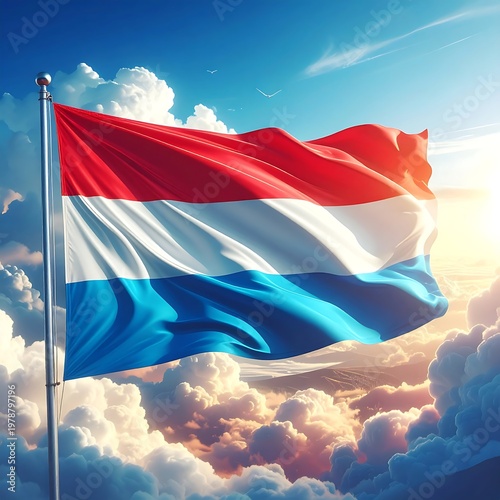 A vibrant shot of a waving flag with three horizontal stripes of red, white, and blue, under a sunny sky