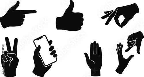 Collection of various hand gestures and signs in black silhouette on white background