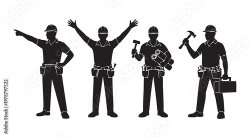Detailed builder silhouettes showing professional contractors with belts tools and architectural plans