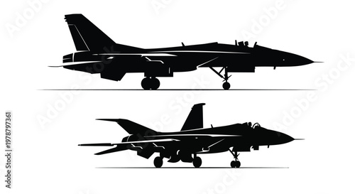 A striking black silhouette depicts two perspectives of a powerful military fighter jet in flight