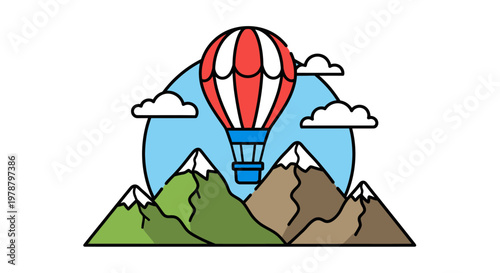 Hot air balloon flying over mountains.