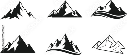 Six black and white mountain silhouettes on a plain white background