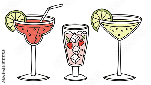 Set of Tropical Summer Cocktails Vector Illustration