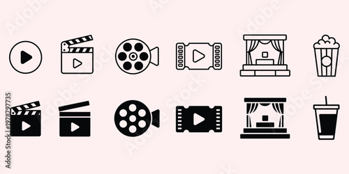 Cinema movie icons including play button clapperboard film reel ticket and popcorn Keywords: cinema, movie, film, icon, set