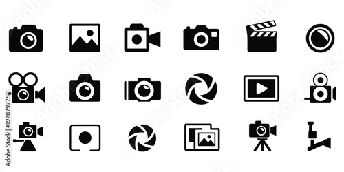 Collection of black and white camera and video icons on white background symbol photography