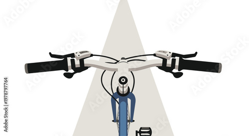 Immersive first-person perspective shows the detailed handlebars and front wheel of a blue bicycle traveling along a clean and straight gray asphalt path.