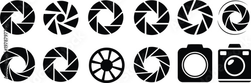 Collection of camera aperture and camera icons in black on a white background Keywords: camera, aperture, shutter, diaphragm