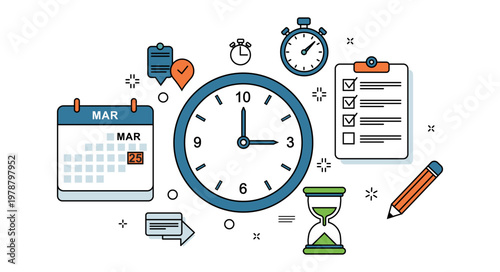 time management concept illustration with clock calendar checklist and productivity icons animation