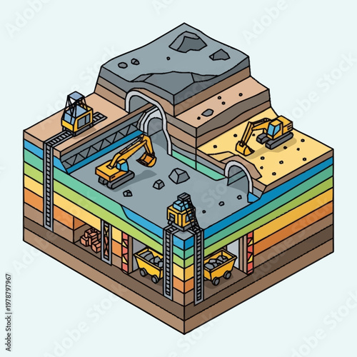 Cross section of an open pit mine with excavators and carts.