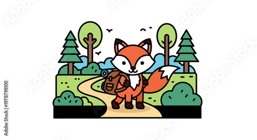 A cartoon fox with a backpack walking on a forest path.