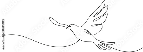 Continuous one line drawing of a flying dove bird with olive branch for peace freedom hope and spirituality minimalist vector illustration,