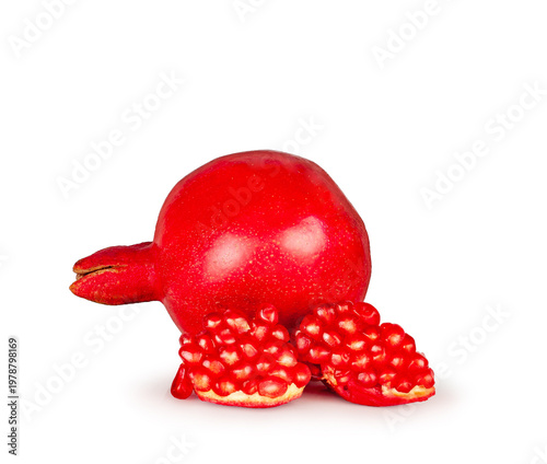 Pomegranate fruit and slices isolated on a white background, contour