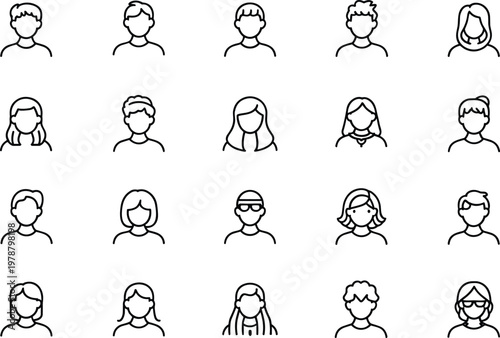 Variety of simple line art icons representing diverse male and female user avatars profile person