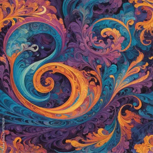 Intricate baroque swirls and floral patterns in vibrant, saturated hues.