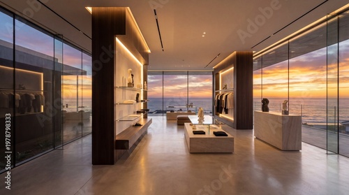 Modern luxury interior with floor-to-ceiling glass walls overlooking ocean sunset. Sleek design with concrete floors, wooden accents, and boutique-style displays