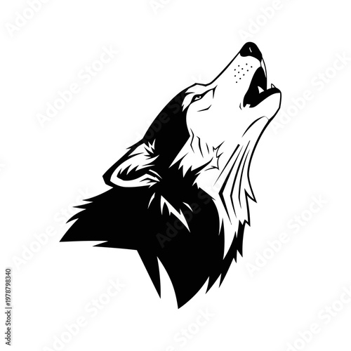 Black and white wolf howling loudly.