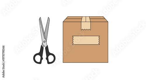 A sharp pair of black-handled scissors is positioned neatly beside a sealed brown cardboard shipping box ready for unboxing on a clean white background.