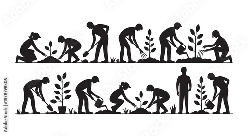 People planting and watering plants in garden setting with gardening tools and plants