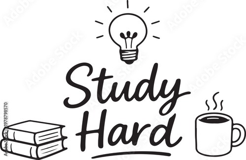 Minimal doodle of “Study Hard” concept with books, coffee mug, and lightbulb