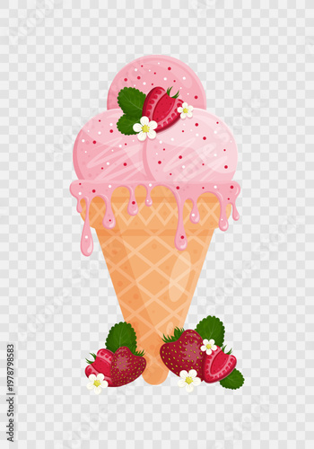 Summer pink strawberry ice cream  isolated on transparent background with strawberries.  Summer food. Ice cream icon.  Cartoon flat style. Design element for web, posters, shops, advertising. Vector 