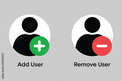 Two user profile icons one with green plus symbol for add user and red minus symbol for remove.