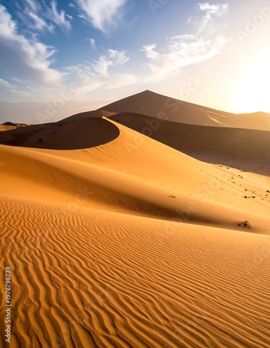 Vast dunes of fine sand stretch toward the horizon, illuminated by golden sunlight. The sky is a gradient of blue
