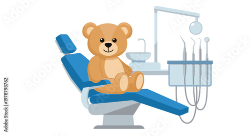 A friendly brown teddy bear sits upright in a modern blue dental examination chair surrounded by professional medical tools and a clean porcelain sink.