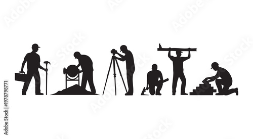 Construction workers silhouette set displaying building site tasks surveying and material handling now