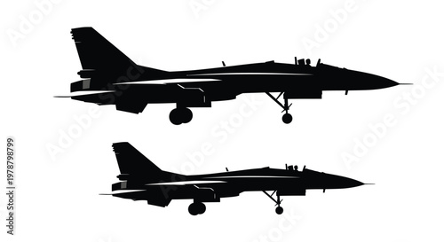 A sleek black silhouette of a military fighter jet is displayed twice angled differently