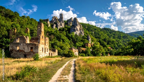 Scenic view of ancient ruins and lush green hills under a bright sky.