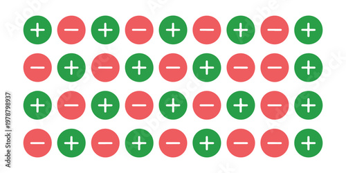 Grid of plus and minus signs in green and red colors for conceptual use as decision making options.