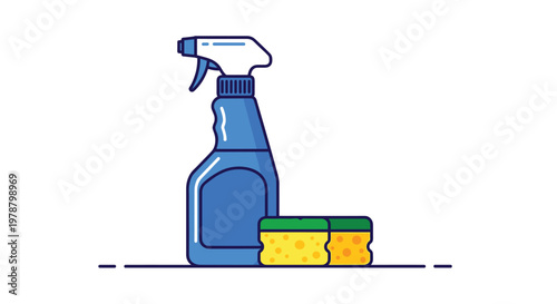 A sleek blue plastic spray bottle stands prominently beside two yellow sponges with green scouring pads for effective household cleaning and surface sanitation.