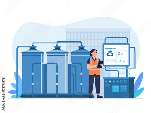 Woman working on industrial water treatment system with tablet in hand