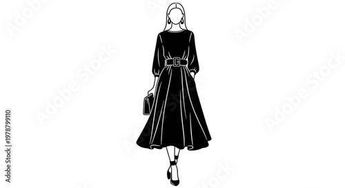 Elegant woman in a black dress walking.