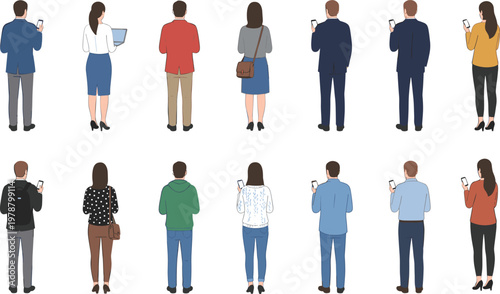 Large collection of diverse people from behind using smartphones and laptops standing in back view for technology communication concepts,