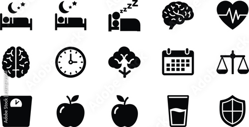 Set of health and lifestyle icons showing wellness and daily habits with lifestyle wellness nutrition calendar
