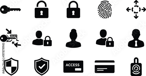 Security and access control icon set featuring digital authentication and data protection symbols security protection