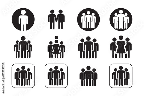 Comprehensive collection of group and team icons displaying various personnel arrangements for social networks.