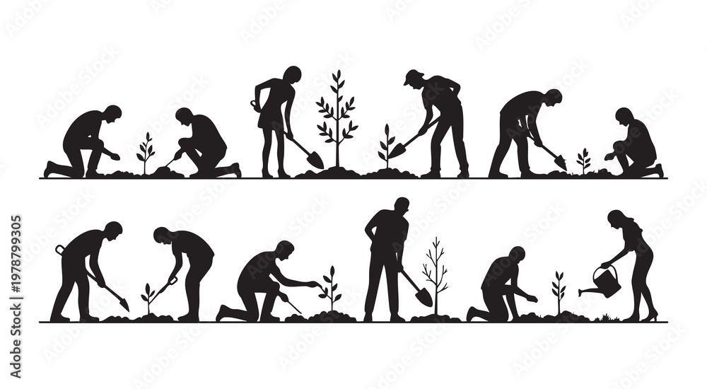 Obraz premium People gardening silhouettes collection of workers planting trees and digging ground in black color