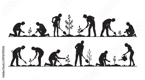 People gardening silhouettes collection of workers planting trees and digging ground in black color