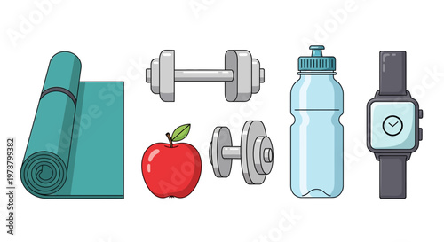A colorful illustration of fitness equipment and healthy snacks on the floor for meditation and wellness.