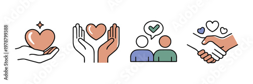 Social care icons set with hearts hands and people symbols representing empathy compassion and togetherness.