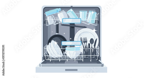 A modern kitchen dishwasher stands open to reveal two organized racks filled with pristine white ceramic plates and sparkling clear glass drinking vessels.