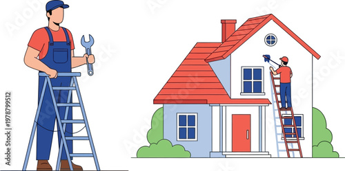Two construction workers on ladders repairing and maintaining a house with red roof