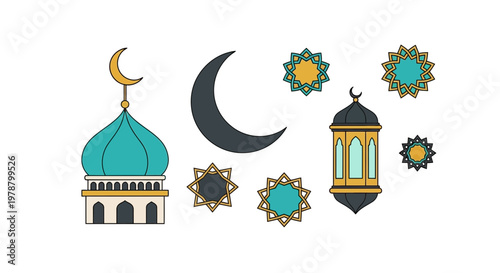 Eid celebration scene with mosque lanterns and crescent moon in the sky