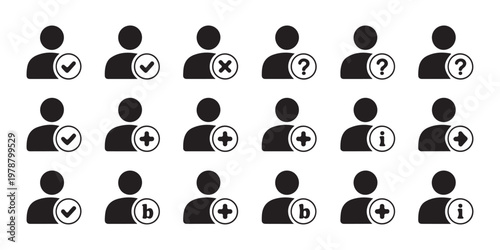 User icons collection with checkmark cross question mark plus minus info arrow and letter b symbols in black.