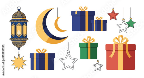 Illustration of colorful presents and stars hanging near a crescent moon and lantern for decoration.