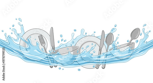 A powerful wave of crystal clear blue water splashes vigorously around a collection of white ceramic plates and polished silver cutlery in mid-air motion.