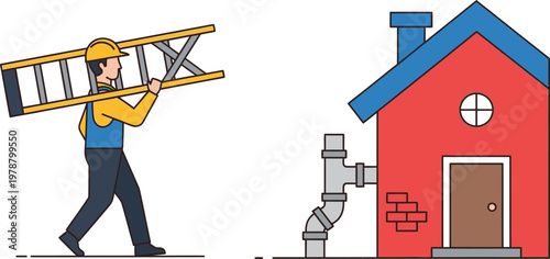 A cartoon illustration of a worker carrying a ladder towards a red house with a blue roof